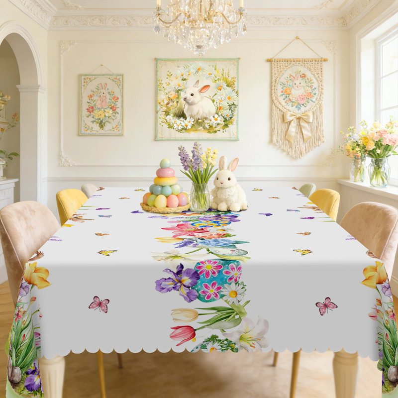 Elegant Easter Floral & Bunny Tablecloth - Watercolor Wreath Printed Fabric Cover, Scalloped-Edge Reusable Tablecloth for Easter Gatherings, Brunch | Decorative Pastel Flower & Egg Table Decor for Dining Tables