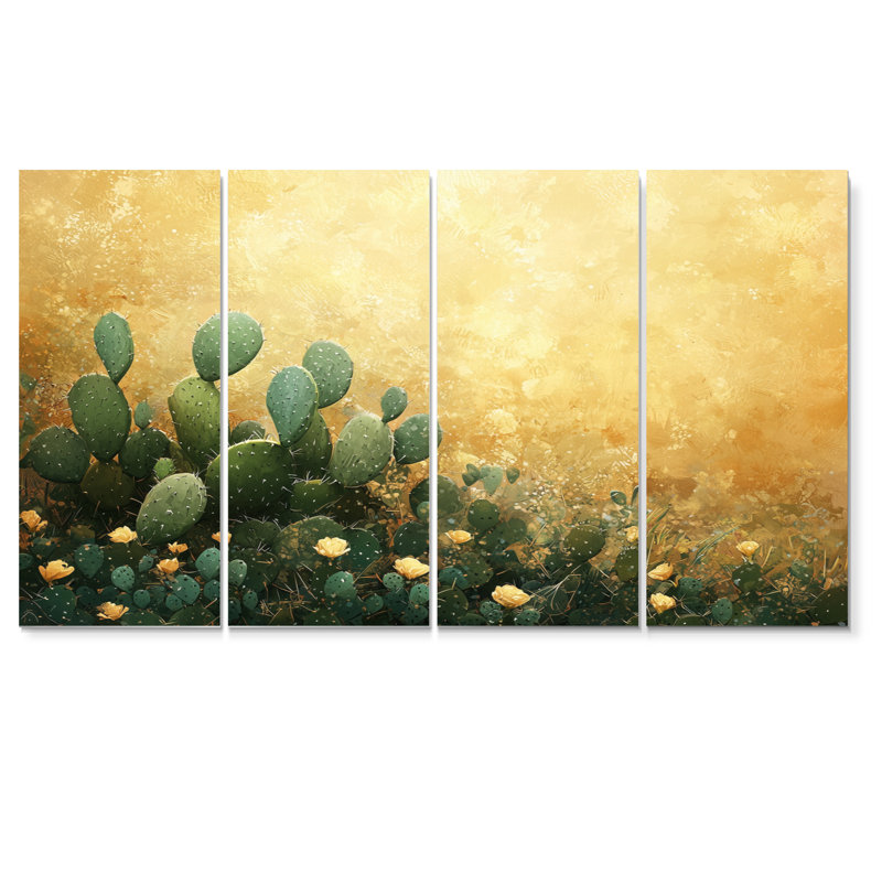 Cactus dans la lumière dorée II - Cactus floral - Art mural traditionnel, H 28 po x l 48 po, 4