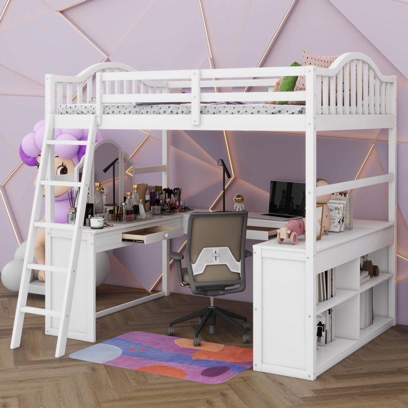 Lit mezzanine avec bureau en U, bibliothèque et miroir, Blanc