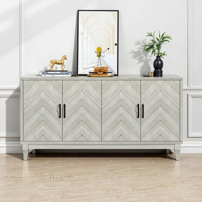 Stronger Vintage Wave-Stripe Buffet Cabinet, Lacquered 4-Door Storage Sideboard with Adjustable Shelves & Solid Pine Stand for Entryway, Living Room