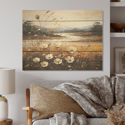 Golden Meadows Of Flowers Fields - Flower Wood Wall Art On Natural Pine Wood