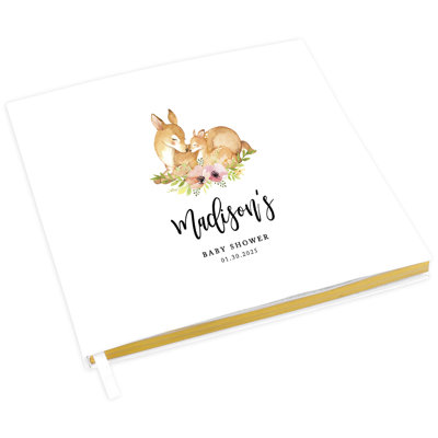 Livre d'or personnalisé pour fête de naissance avec accents dorés, nom personnalisé de cerf Woodland, date, livre d'invités blanc dans le registre 120 pages 8,5 x 8,5 souvenirs pour bricolage, album, album photo