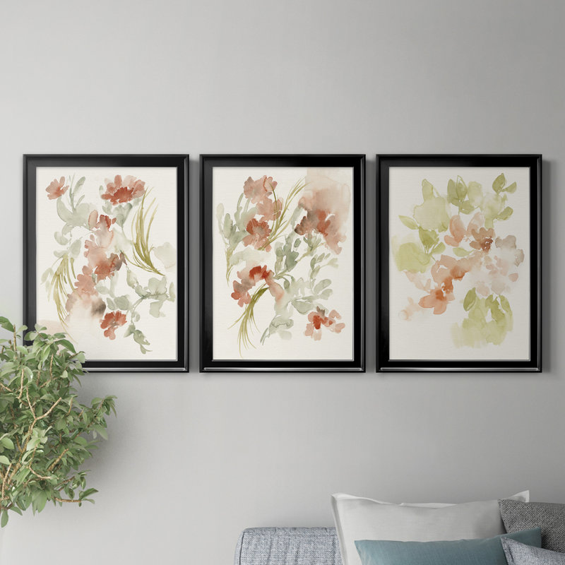 «Abstracting Flowers I», ensemble de 3 peintures sur toile encadrées, Noir, H 18,5 po x l 73,5 po x P 1,5 po