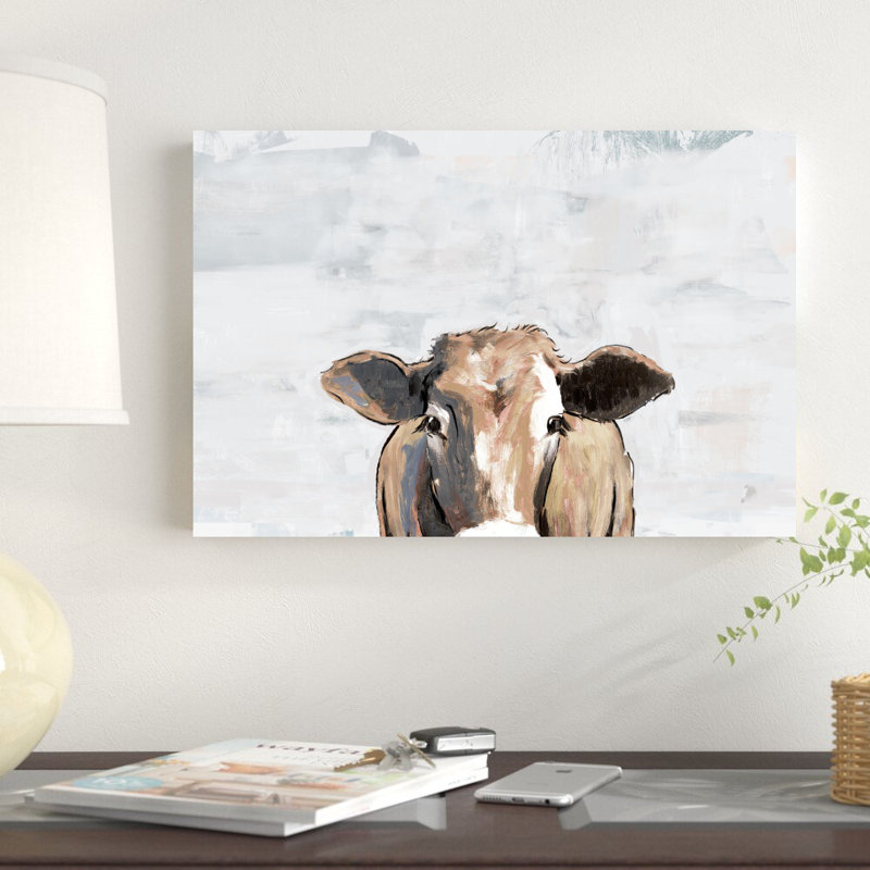 «Painterly Cow Peeking Gray», reproduction d'art sur toile tendue, H 12 po x l 18 po