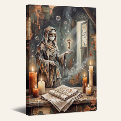 Tableau sur toile d'Halloween avec une figure encapuchonnée, une clé dorée et des bougies