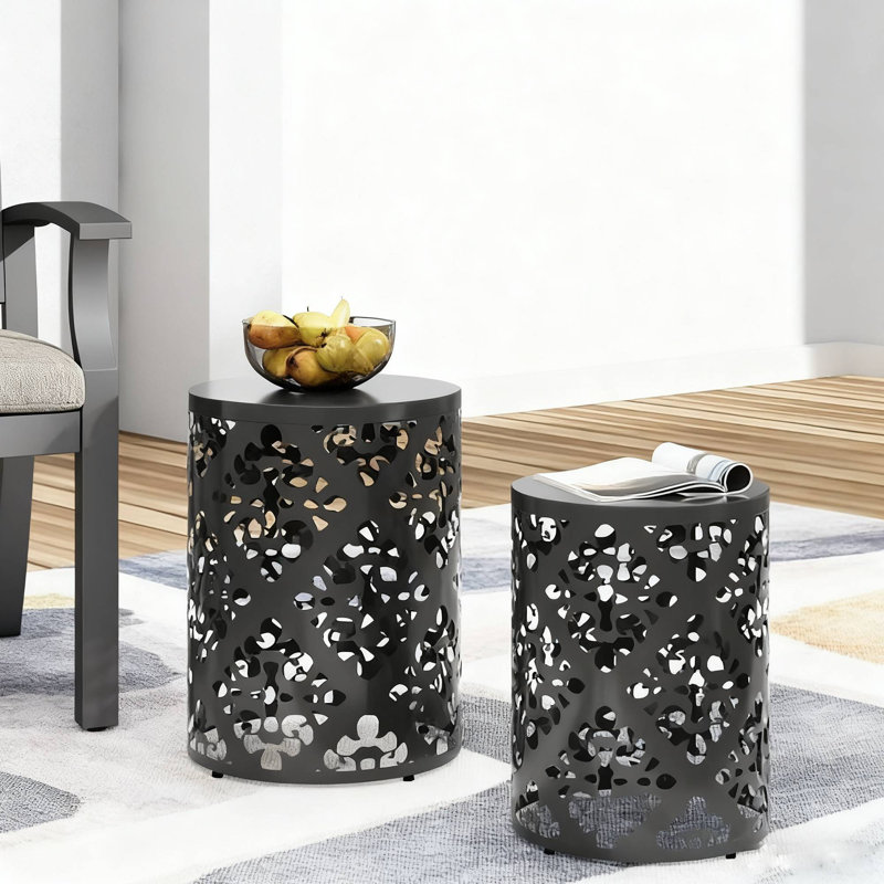 Ensemble de 2 tables de bout en métal S / 2 d'extérieur pour patio et jardin, Noir