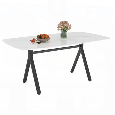 Rectangular Dining Table with Tempered Glass Top and Marble Pattern, Gold-Plated Metal Legs for Elegant Restaurant Settings