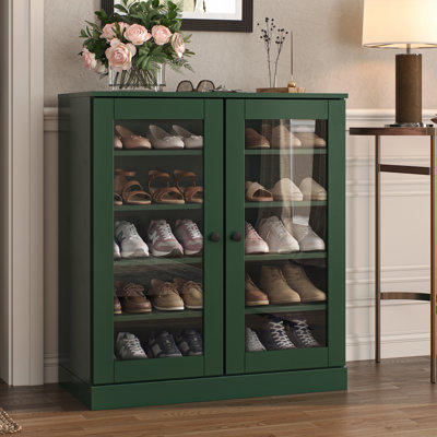 100% Solid Wood Glass Door Shoe Storage Cabinet with Adjustable Shelves, Space Saving Stackable Entryway Organizer, 32" W x 35.75" H