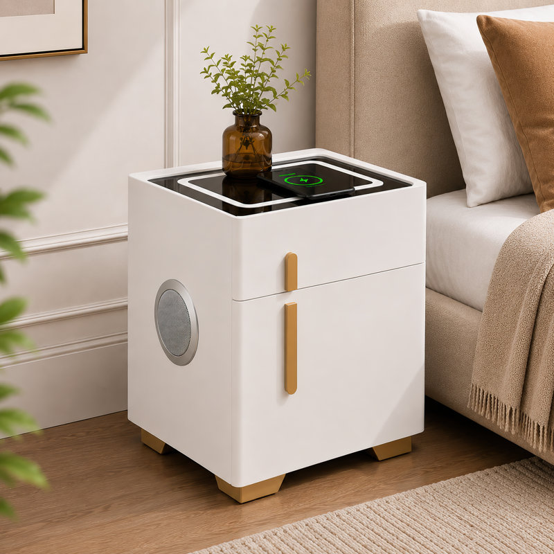 Smart 1-Drawer Nightstand With Insurance, Wireless Charging, Usb Port, Bluetooth Speaker And Led Light, White