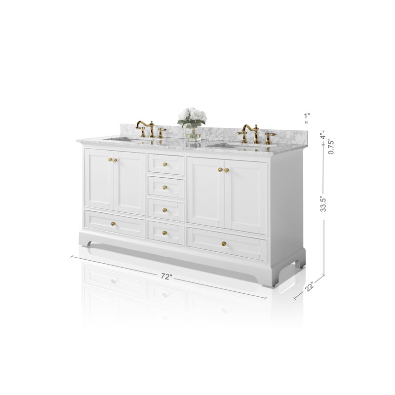 Audrey 72'' W Double Vanity, White, Carrara White, Gold