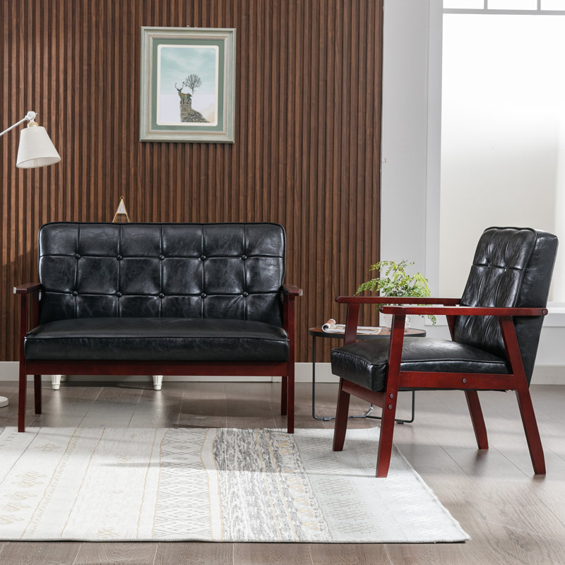 Ensemble de causeuse et de fauteuil d'appoint à accoudoirs capitonnés en bois 2 pièces Judeth, Similicuir noir