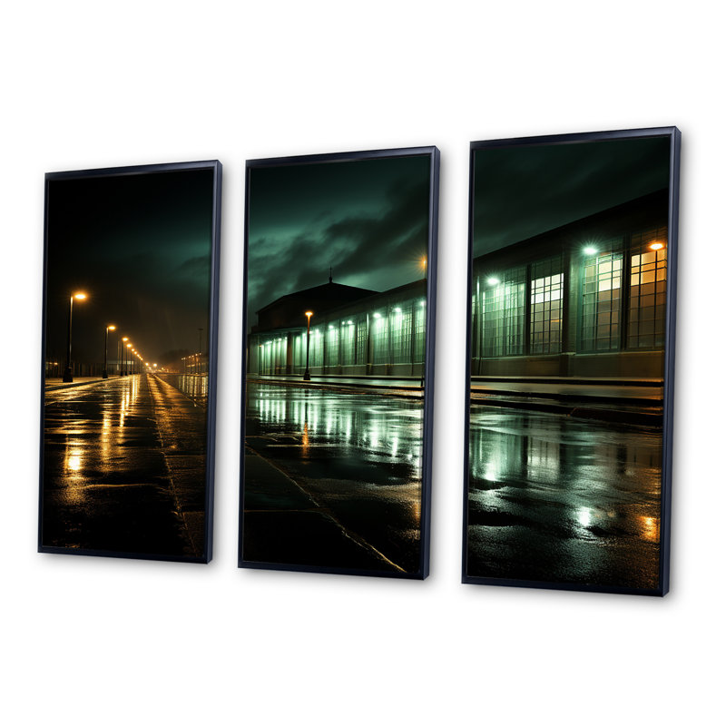 Turquoise, crépuscule, photographie industrielle I - usines, ensemble d'art mural sur toile, Cadre flottant noir