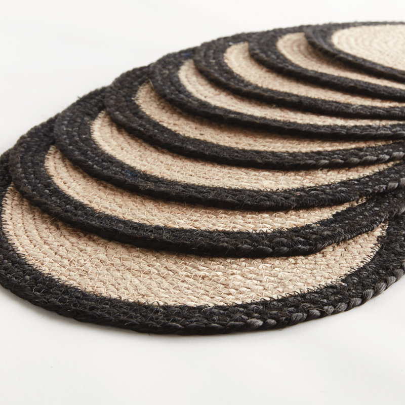 Napperon ovale en jute, ensemble de 8, Noir / brun clair