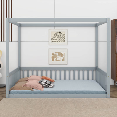 Canopy Bed Frame with Guardrails and 4 Posters, Rubber Wood Montessori Floor Bed, Wooden Bed Frame