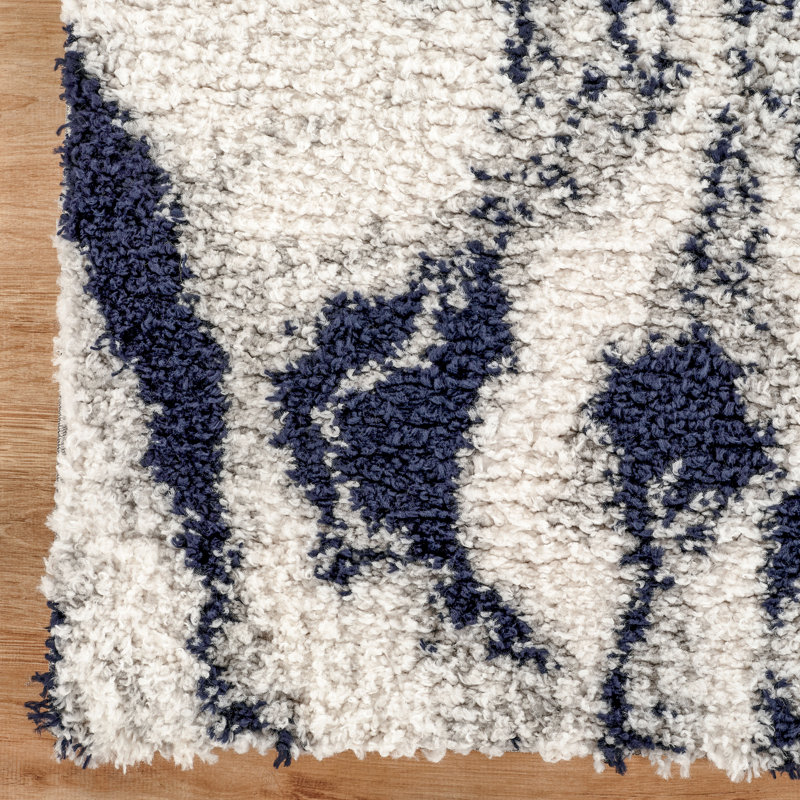 Tapis moderne à poils longs abstraits Nova ivoire et bleu, lavable, Ivoire/bleu, 8 pi 10 po x 11 pi 11 po