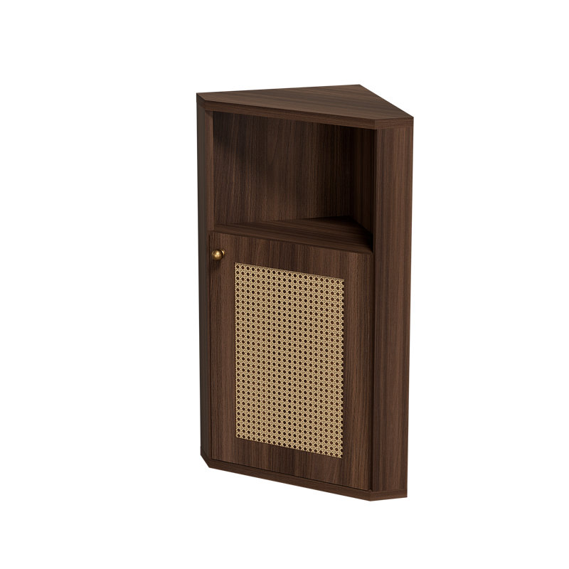 Armoire de rangement de coin salle de bain avec porte de grange en rotin et tablette réglable, Brown