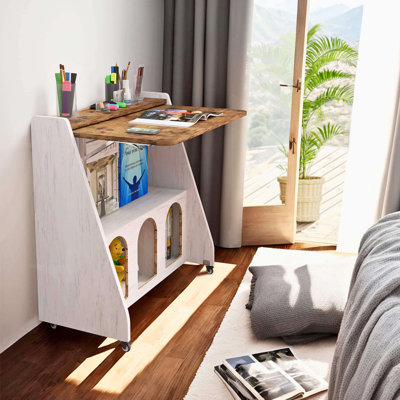 Rolling Fold Down Desk White Brown , Mobile Workstation with Storage Cabinet, Wood Standing Desk on Wheel for Home Office, Laptop, Sofa, Bed