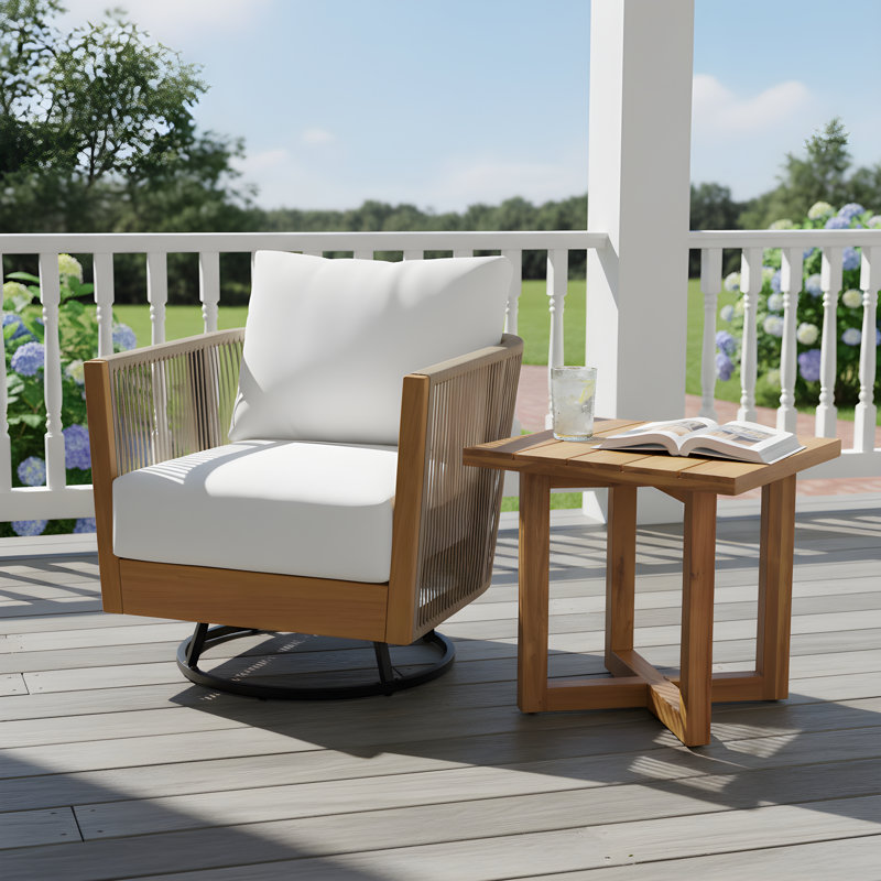 Gladwin Outdoor  Acacia Wood & Woven Rope Conversation Set With Cross-Stretcher Side Table, 2 Pcs: Table, Chair