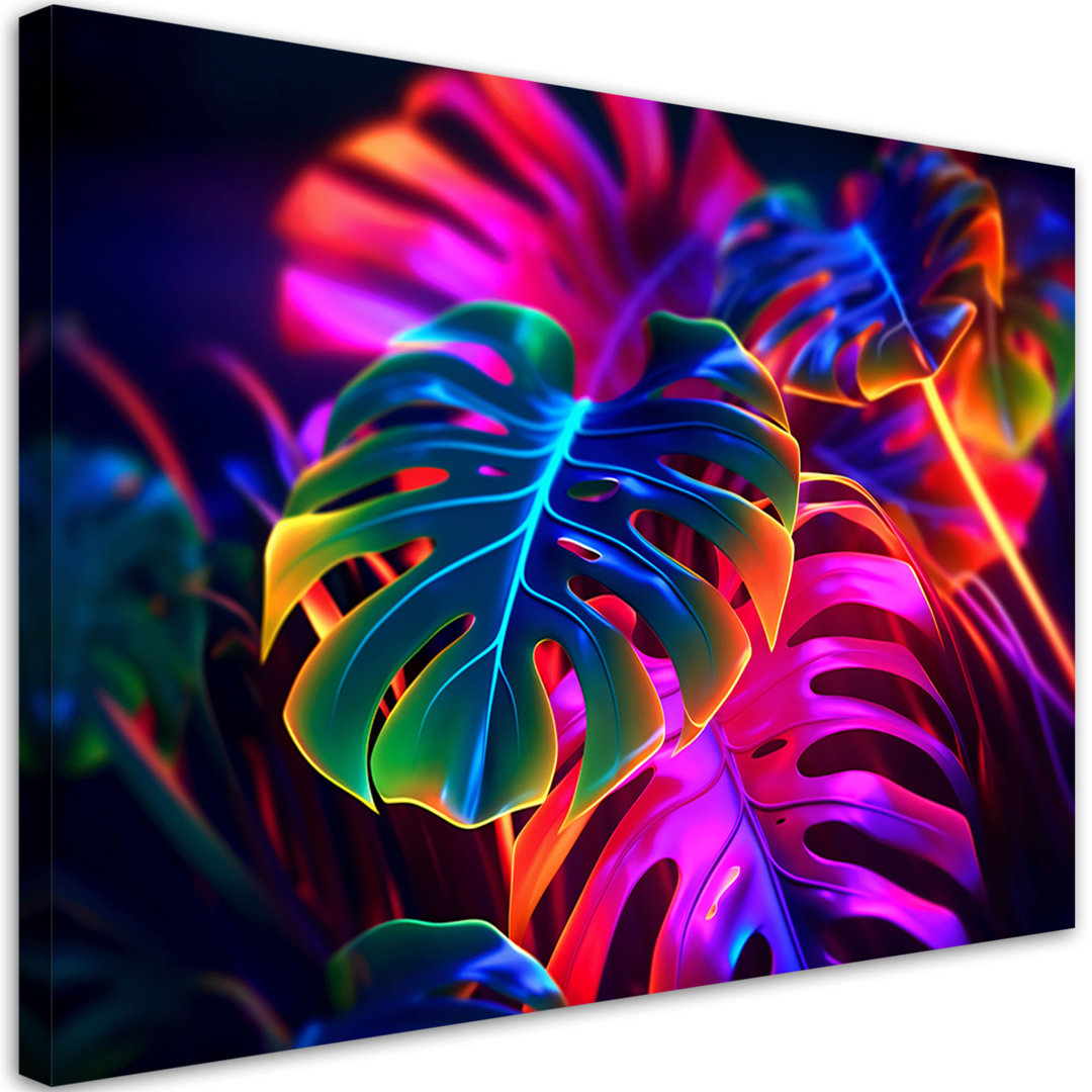 Leinwanddruck, Monstera Fluorescent Leaves - Wrapped Canvas Print