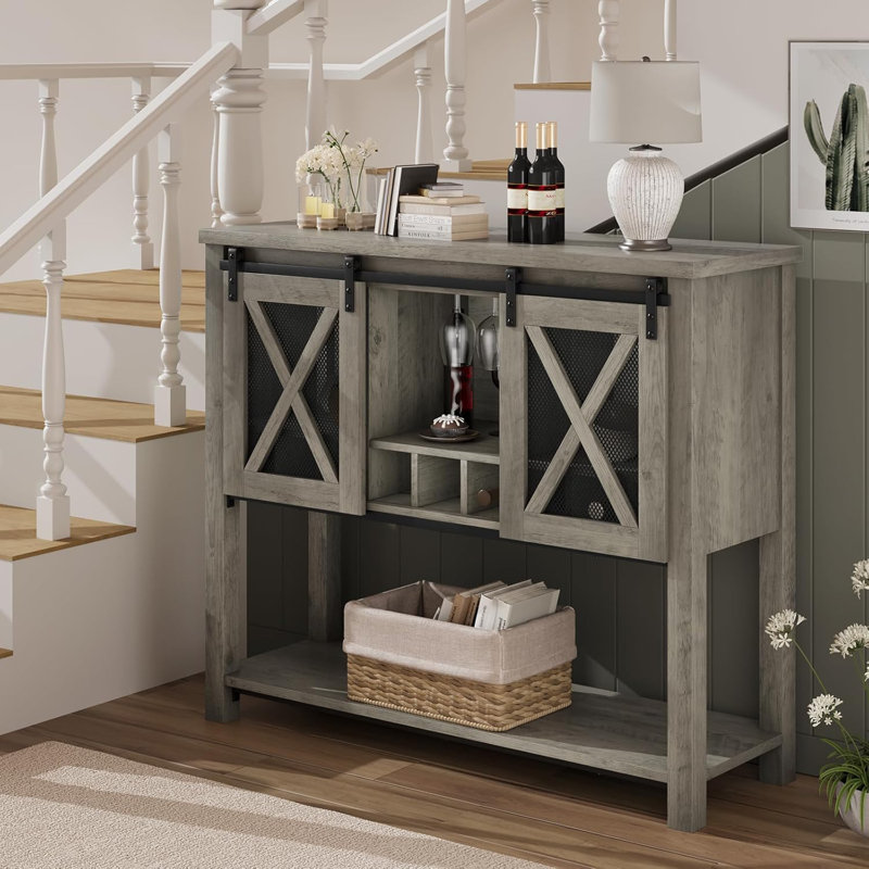 Armoire de salle à manger avec porte de grange et tiroir, Gris