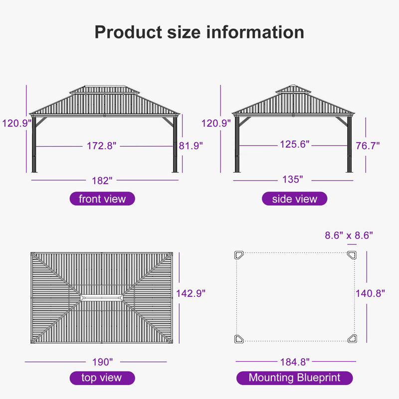 PURPLE LEAF 12' X 16' Patio Hardtop Gazebo Aluminum Outdoor Gazebo with Double Galvanized Steel Roof for Deck Backyard All Weather Outdoor Pavilion Curtain and Netting Included, Light Grey