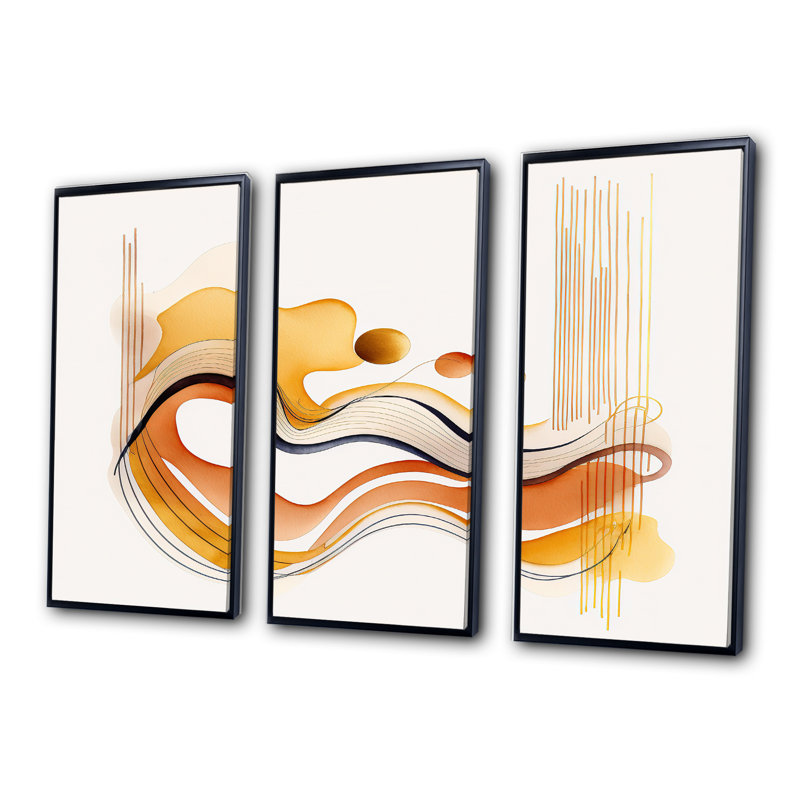 Dhatri " Burnt Orange Waves Abstract III " 3 - Pieces, Black Framed, 32" H x 48" W x 1" D
