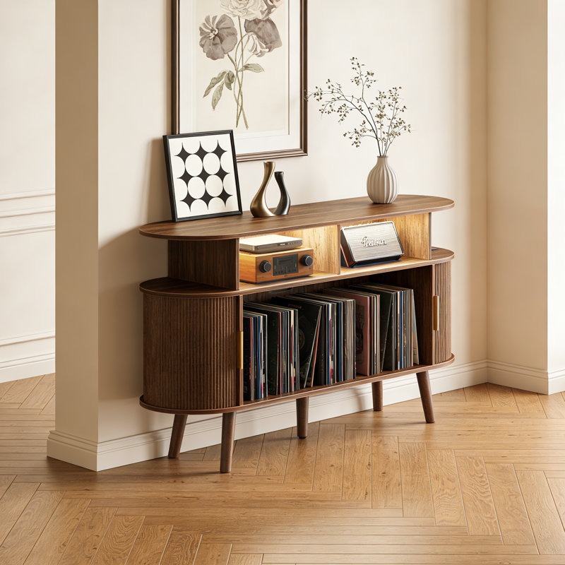 Large Record Player Stand With Power Outlets And 3-Color Lights,Vinyl Record Stand With 2 Fluted Cabinets And USB-C Port