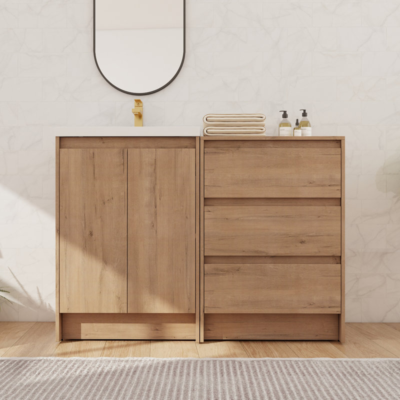 Meuble-lavabo autoportant simple 48 po avec lavabo en résine, meuble-lavabo autoportant avec 2 portes, 3 tiroirs, 1 tablette réglable