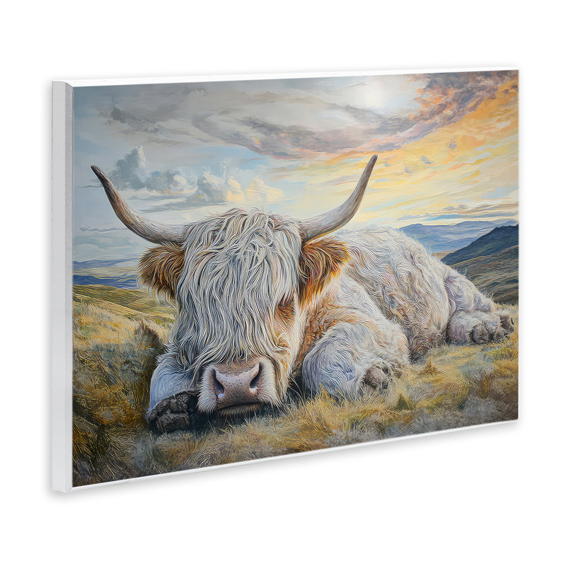 Plaque murale pastorale Sleeping Highland Cow, design par The Wands Want, H 13 po x l 19 po