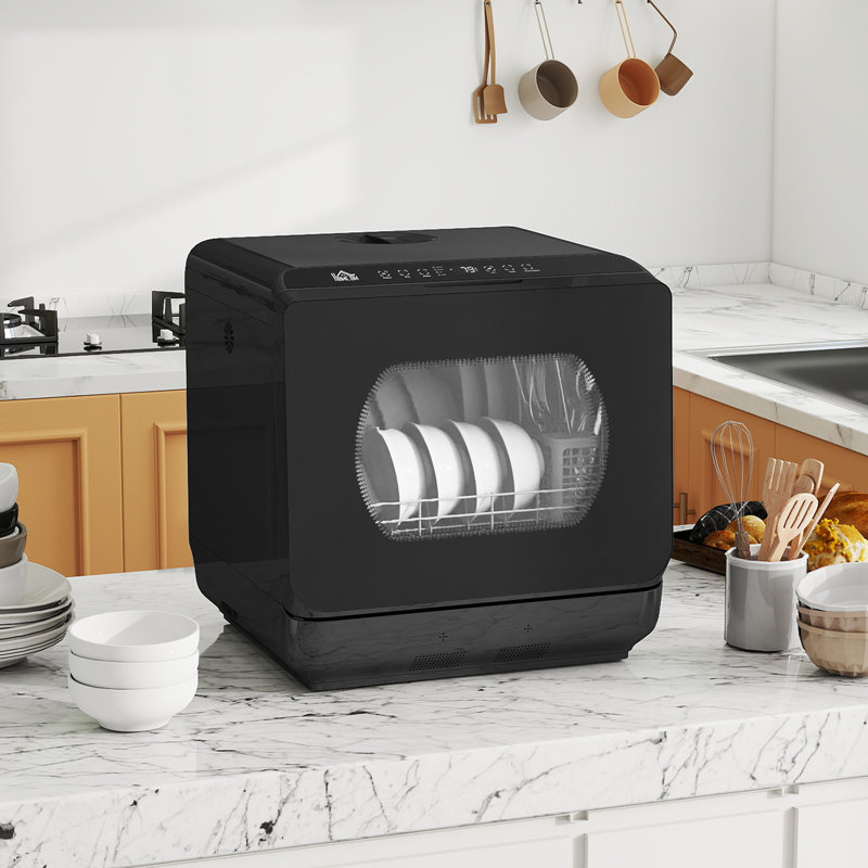 HOMCOM Worktop Dishwasher w/ 4 Place Settings 6 Programs, Black/Black