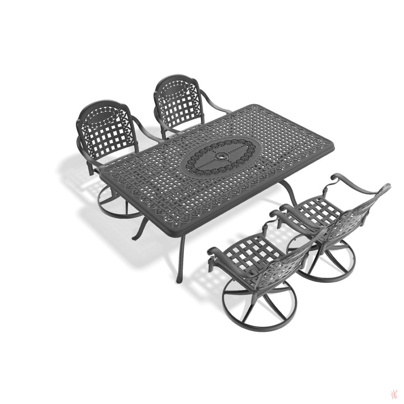 Cet ensemble de salle à manger en fonte d'aluminium toutes saisons comprend des chaises pivotantes et une table ronde avec cadre noir