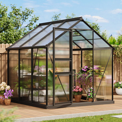 Heavy Duty 6x6 FT Polycarbonate Walk-In Greenhouse for Outdoor Garden - Aluminum Frame with Lockable Hinged Door, Roof Vent, Quick Setup, Ground Nails, Drainage - Hinged Door