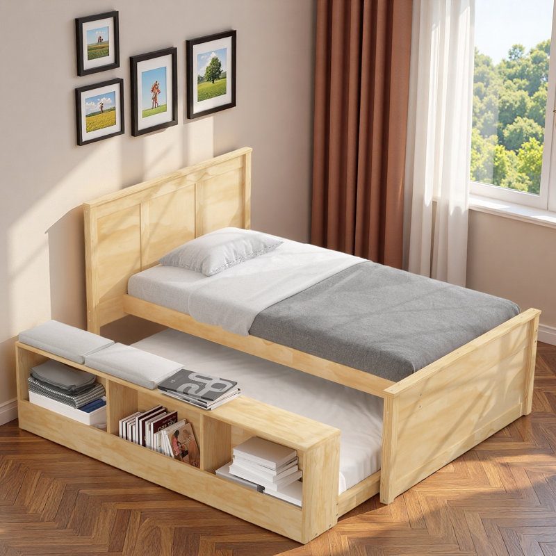Lit plateforme en bois avec lit gigogne escamotable et compartiments de rangement latéraux, Naturel, Lit simple