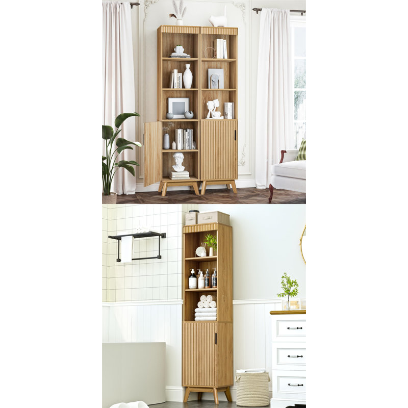 68" Tall Narrow Fluted Tower Cabinet With Door And Shelves, Space-Saving Storage For Bathroom, Kitchen, Living Room, Natural