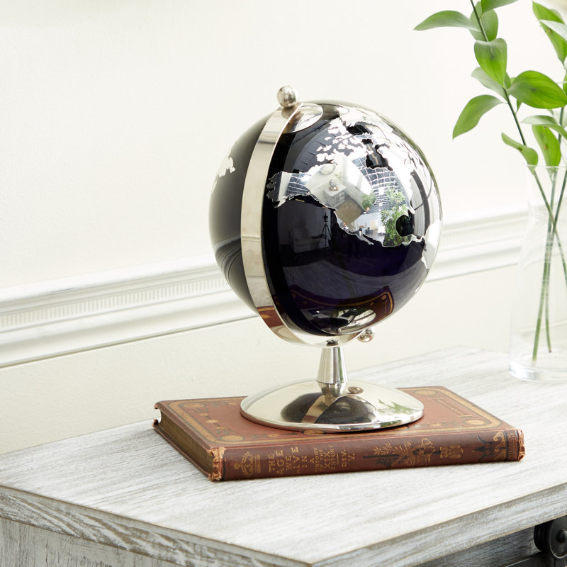 Stainless Steel Metal Educational/Geographic Earth Black Globe with Silver Accents, 11" H x 7.85" W x 7.85" D