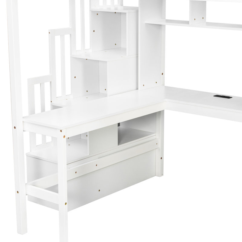 White Full Size Loft Bed With Multifunctional Desk, Storage Staircase, And Wardrobe, Ensuring A Safe Comfortable Bedroom Atmosphere L - Shaped Tidy
