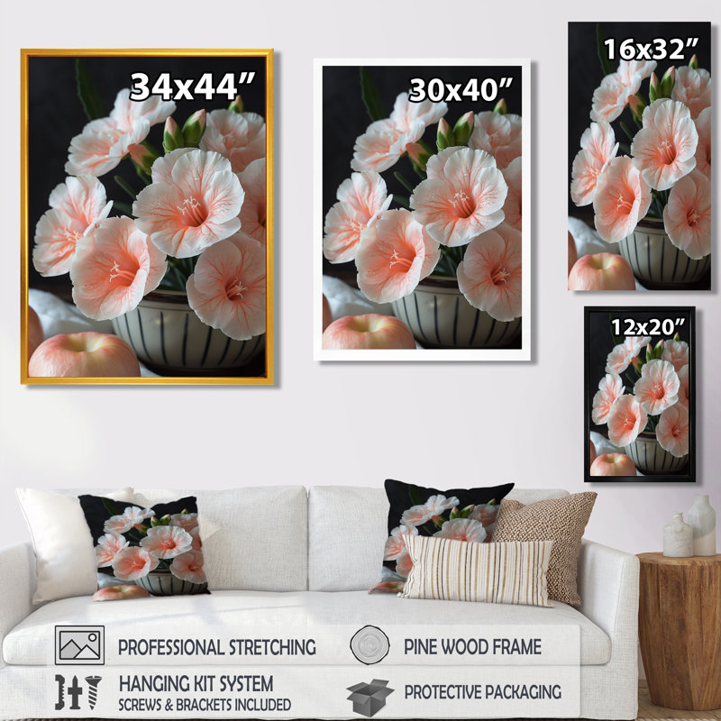 Œillets botaniques roses et verts - décoration murale œillets, H 20 po x l 12 po x P 1 po, Toile encadrée noire simple