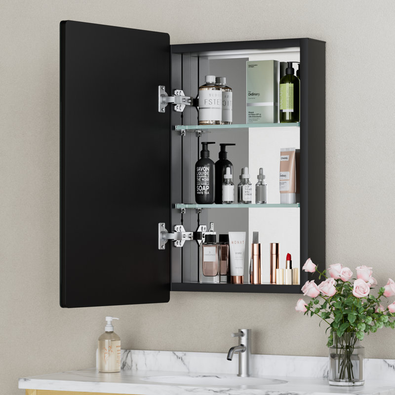Mira 15 po X P 26 po H Pharmacie rectangulaire en aluminium noir avec miroir, coins arrondis, encastré / mural, Noir mat
