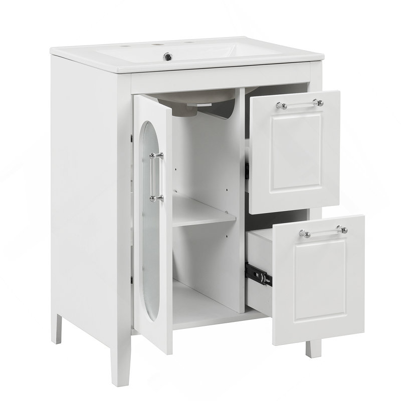 Meuble-lavabo fonctionnel avec lavabo, armoire avec deux tiroirs, porte et tablette réglable, idéal pour les espaces de salle de bain organisés