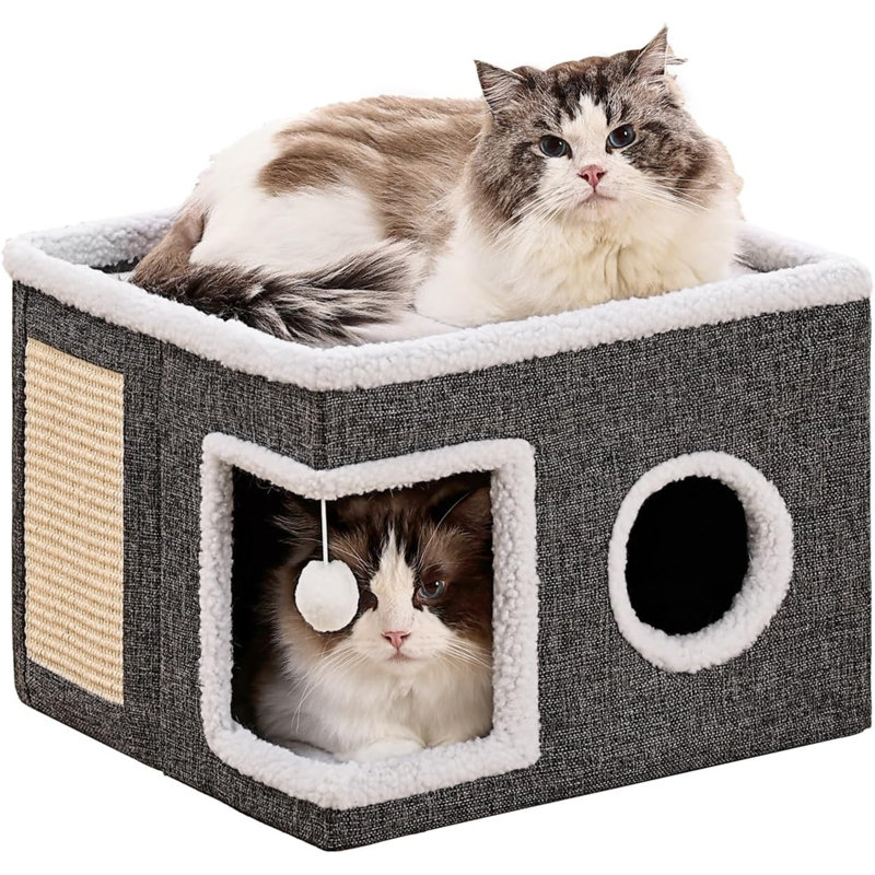 Lits pour chats pour chats d'intérieur, grande grotte pour chat avec boule pelucheuse et bloc-notes, maison de chat pliable pour chat avec cachette pour chaton, 16 x 16 x 13 pouces, gris