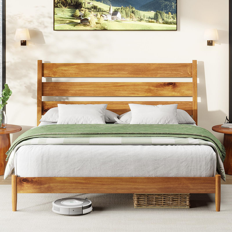 Flennory Solid Wood Bed Frame with Ergonomic Headboard, Queen, Caramel