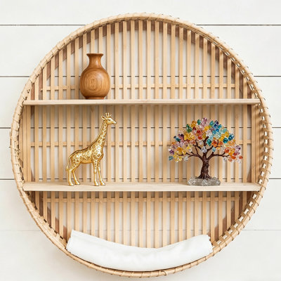3 Tier Natural Rattan Wall Shelf, Boho Farmhouse Floating Wall Mounted Shelf, No Assembly Decor Display Storage Shelf For Bedroom Living Room Kitchen
