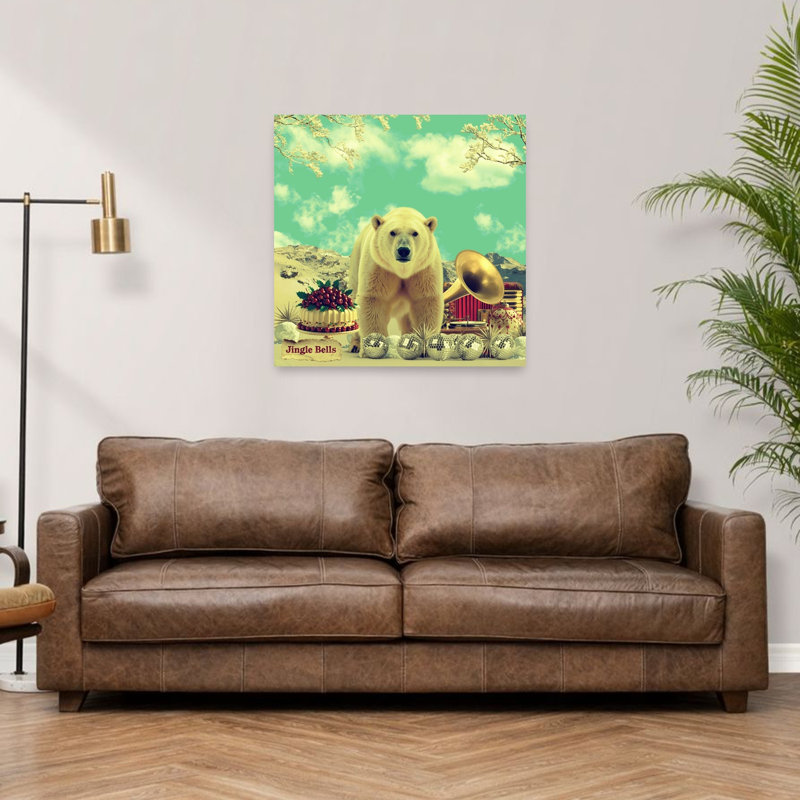 Ours polaire festif, scène rétro rétro, paysage d'hiver, 36" H x 36" W