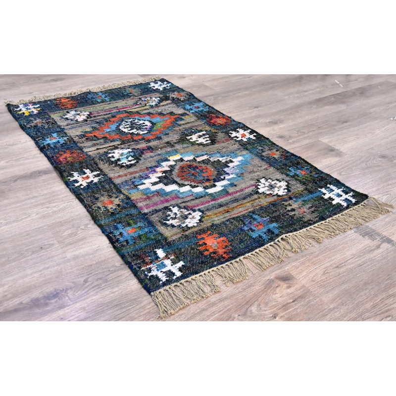 Tapis bleu/gris en coton fait main kilim Rey, Rectangle 8 pi x 10 pi