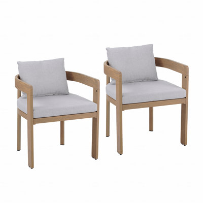 Set Of 2 Outdoor Patio Dining Chair, Aluminum Teak Finished Frame With Light Grey Cushion, Indoor And Outdoor
