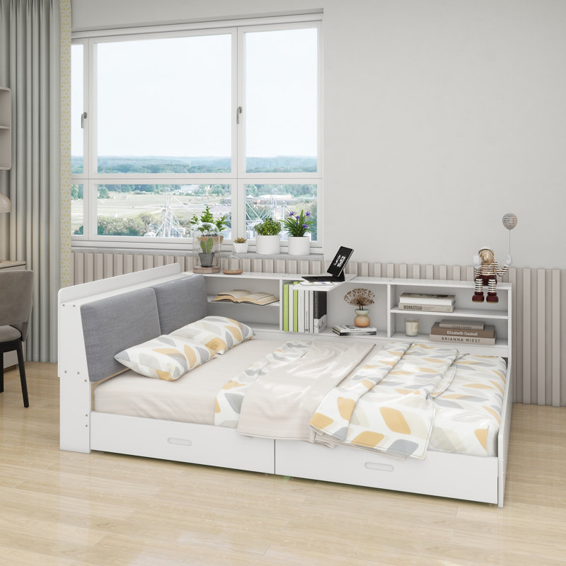 Wood  Platform Bed With Storage Headboard, Shelves And 2 Drawers,, White, Full