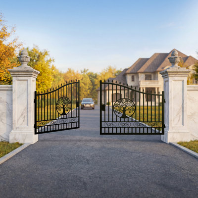 16 ft. W Steel Dual Swing Driveway Gate - Tree Style
