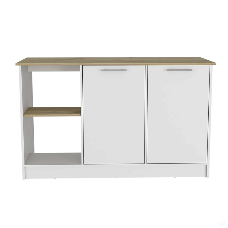 Juniper Kitchen Island, Four Open Shelves, Two Cabinets, White/Light Oak