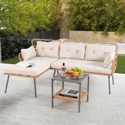 3 Pcs Corner Patio Furniture Cushioned Sofa Set With Small Coffee Table Outdoor