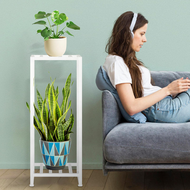 White Heavy Duty 2-Tier Metal Plant Stand for Indoor and Outdoor